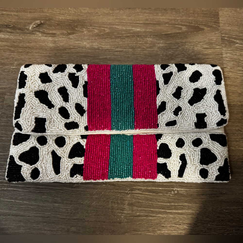 Beaded Animal Print Belt with Red and Green Stripes